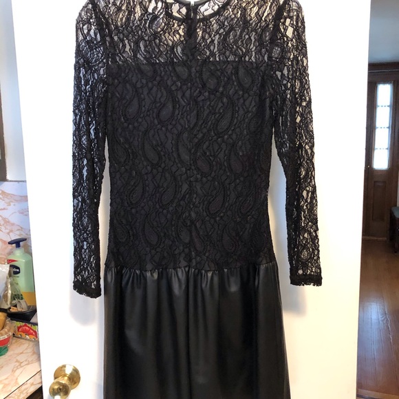 Faux Leather & Lace Dress Fit & Flare Drop Waist Prom Party - Picture 4 of 7